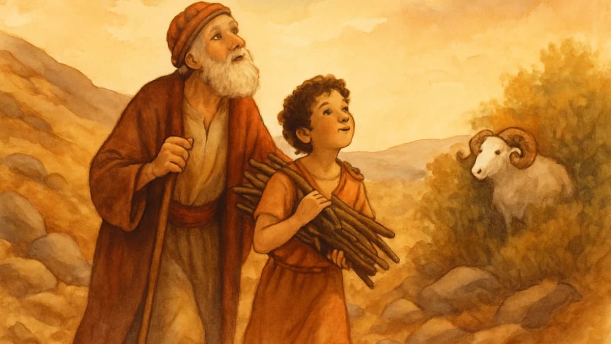 Abraham raising his hand above an altar with Isaac, as an angel reaches down from the sky and a ram appears caught in a thicket