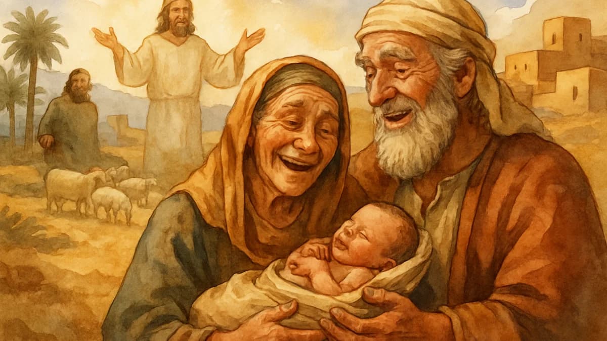 Sarah holding baby Isaac while Abraham looks on with joy and wonder