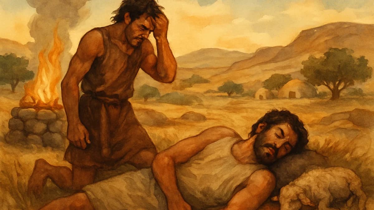 Cain looking angry as Abel's offering rises in smoke toward heaven