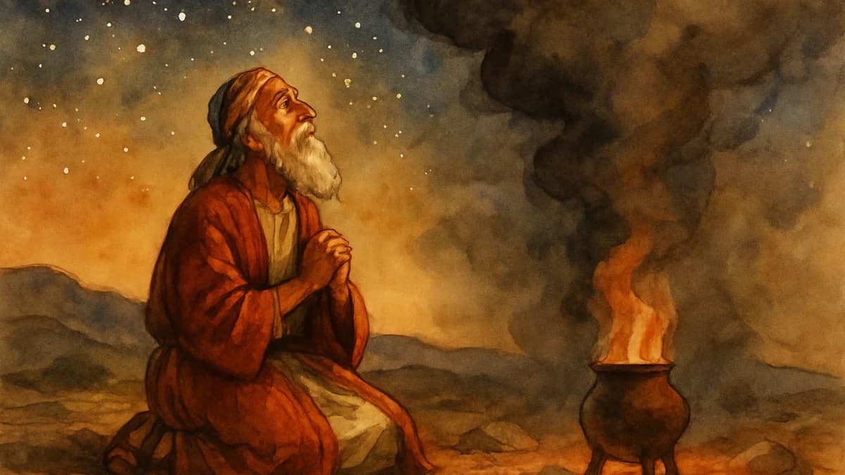 Abraham looking at a sky full of stars while a smoking firepot passes between animal pieces