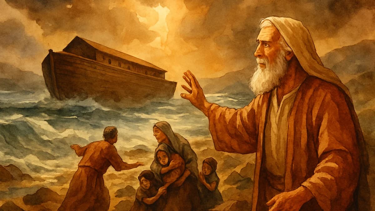 Noah's ark floating on vast floodwaters with a rainbow appearing in the sky above
