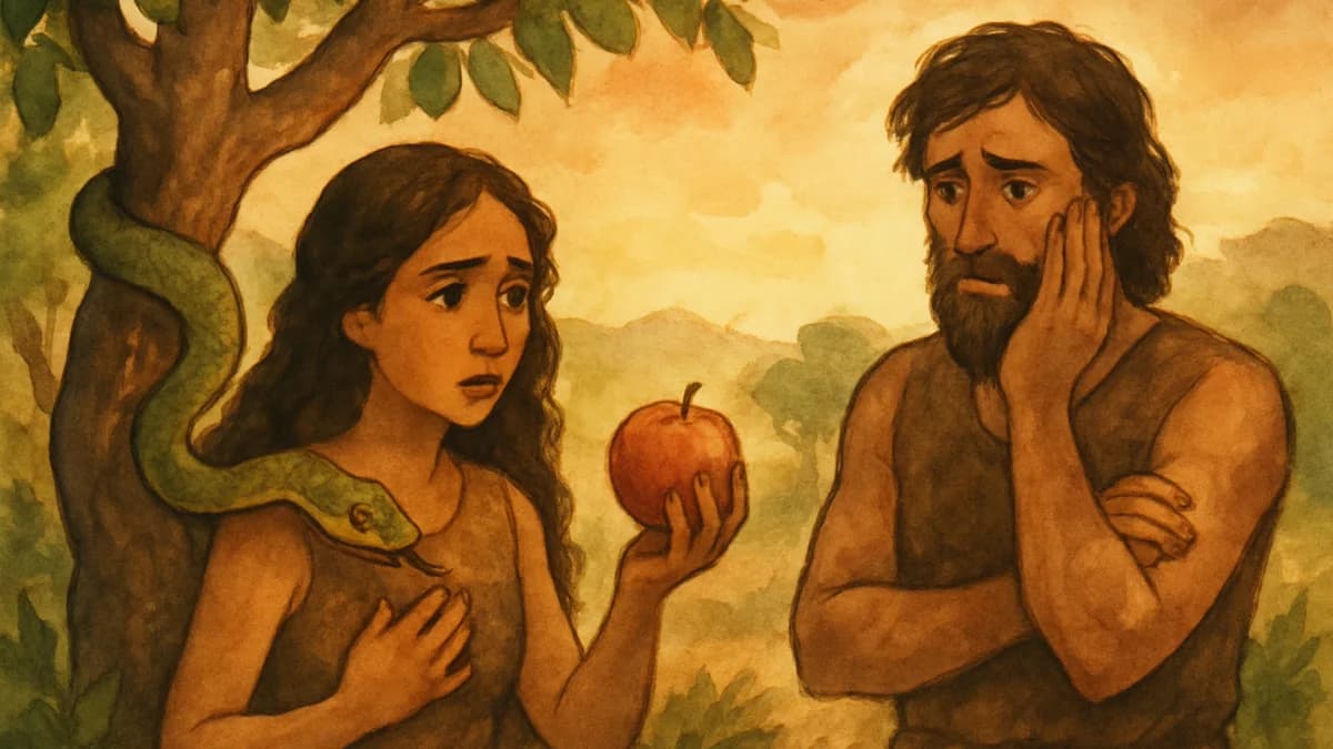 Adam and Eve hiding among the trees as God searches for them in the garden