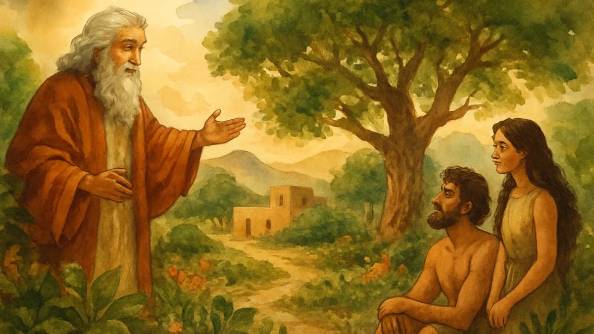 Adam and Eve in a lush, sunlit garden with a river flowing through it
