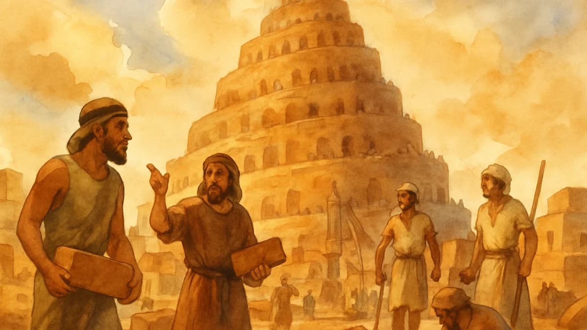 People building a massive stone tower toward the sky while God watches from above